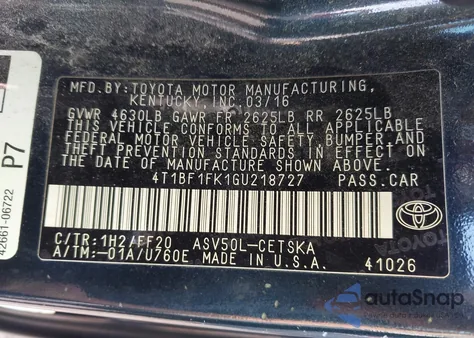 2016 Toyota Camry Se z USA, uszkodzony, nr VIN 4T1BF1FK1GU218727